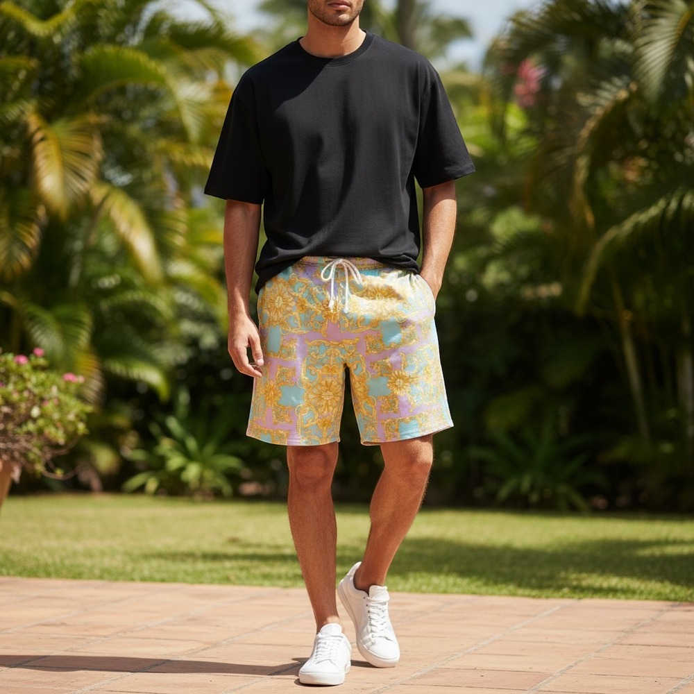 Baroque Gold Drill Clothing Co Mens Shorts XL Mint Gold Lavender Filigree D2307